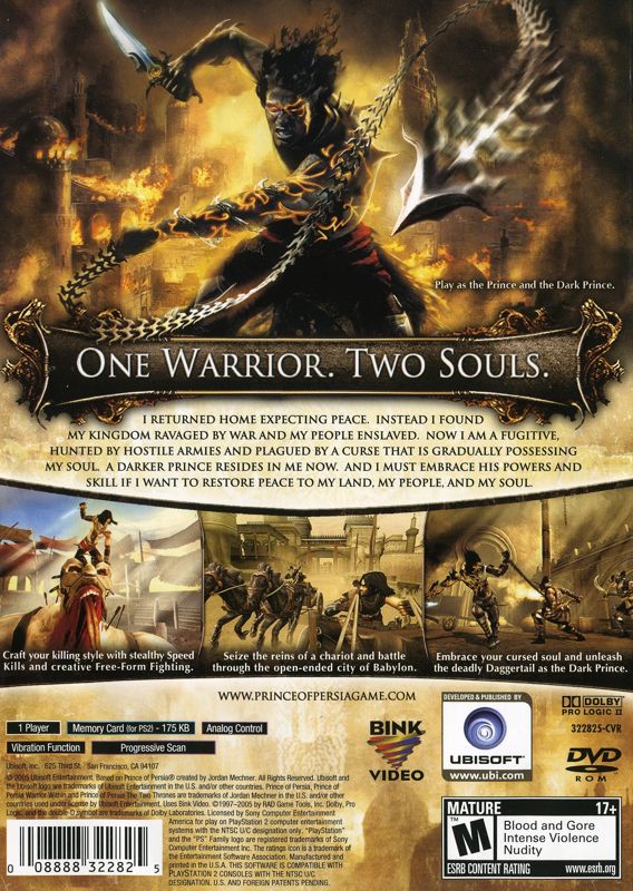 Prince of Persia: The Two Thrones | PlayStation 2 | back cover | region=North America | source-country=Canada,United States | zypher-v2 | moby-521398372169 | Data by MobyGames.com