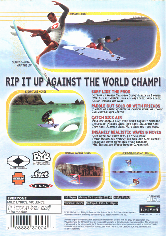 
Sunny Garcia Surfing | PlayStation 2 | back cover | Region: North America | source-country=United States | Data by MobyGames.com