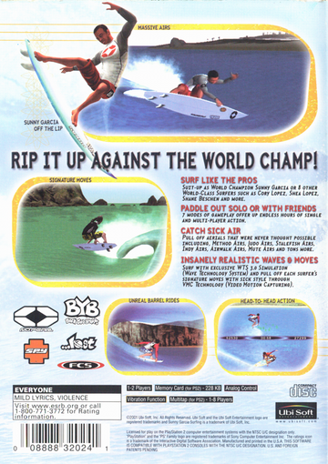 
Sunny Garcia Surfing | PlayStation 2 | back cover | Region: North America | source-country=United States | Data by MobyGames.com