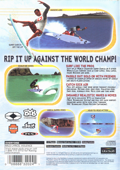 
Sunny Garcia Surfing | PlayStation 2 | back cover | Region: North America | source-country=United States | Data by MobyGames.com