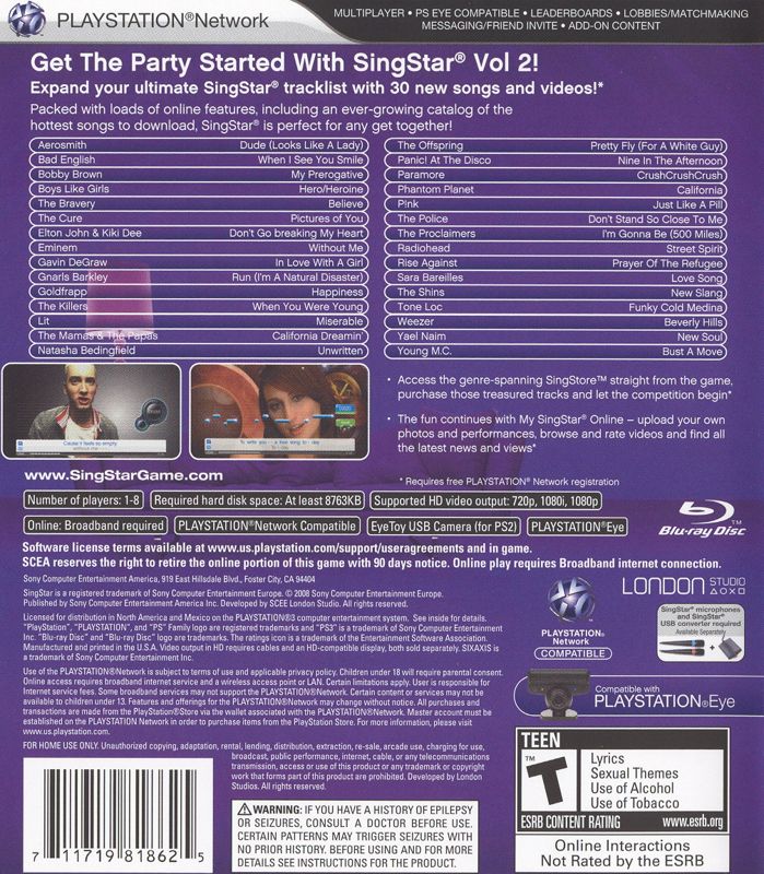 SingStar: Vol.2 | PlayStation 3 | back cover | region=North America | source-country=Canada,Mexico,United States | zypher-v2 | moby-d3010423cbe4 | Data by MobyGames.com