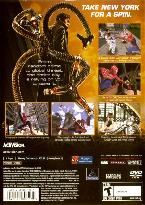 Spider-Man 2 | PlayStation 2 | back cover | region=North America | source-country=United States | zypher-v2 | moby-05d961a381e1 | Data by MobyGames.com