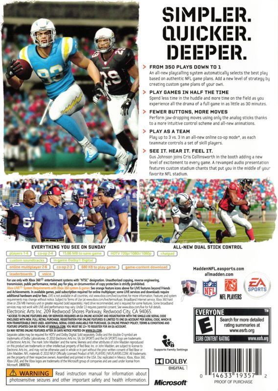 Madden NFL 11 | Xbox 360 | back cover | region=North America | source-country=United States | zypher-v2 | moby-4512c09c322c | Data by MobyGames.com