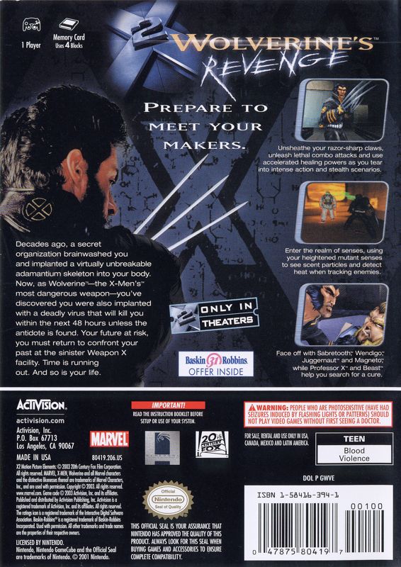
X2: Wolverine's Revenge | GameCube | back cover | Region: North America | source-country=Canada,United States | Data by MobyGames.com