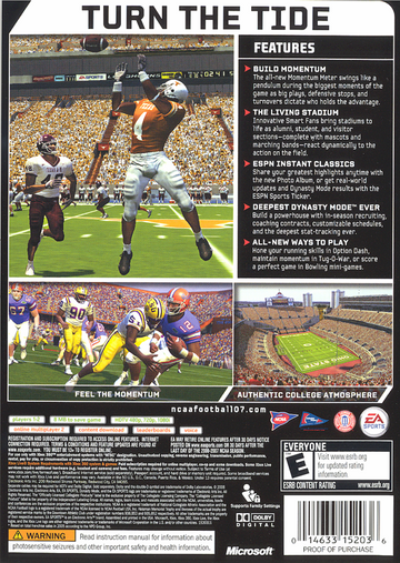 NCAA Football 07 | Xbox 360 | back cover | region=North America | source-country=United States | zypher-v2 | moby-badbcc46ab0c | Data by MobyGames.com