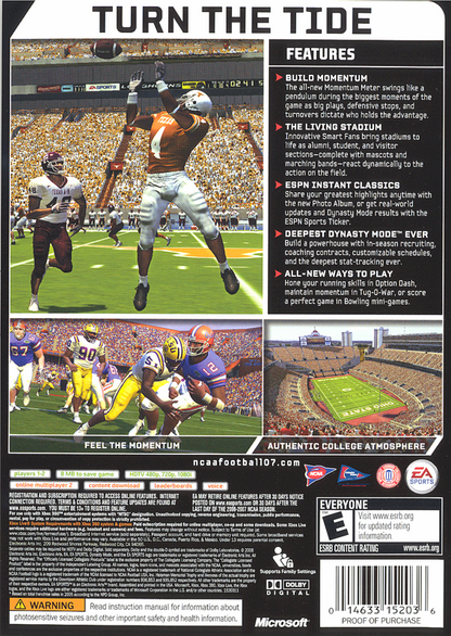 NCAA Football 07 | Xbox 360 | back cover | region=North America | source-country=United States | zypher-v2 | moby-badbcc46ab0c | Data by MobyGames.com
