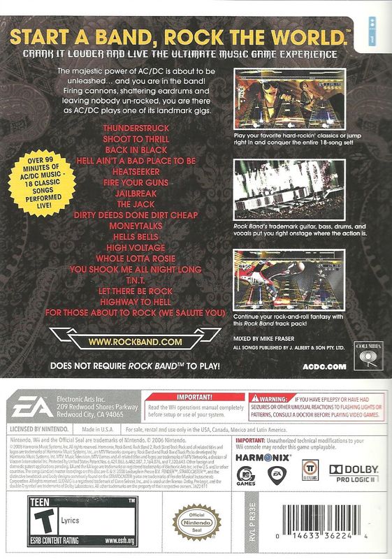AC/DC Live: Rock Band - Track Pack | Wii | back cover | region=North America | source-country=United States | zypher-v2 | moby-e3cab1de7b97 | Data by MobyGames.com