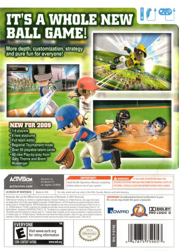 Little League World Series Baseball 2009 | Wii | back cover | Data by MobyGames.com