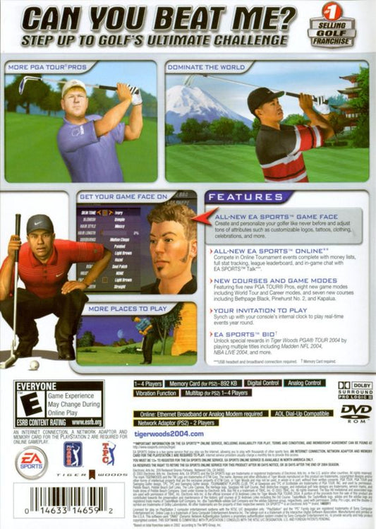 
Tiger Woods PGA Tour 2004 | PlayStation 2 | back cover | Region: North America | source-country=Canada,United States | Data by MobyGames.com