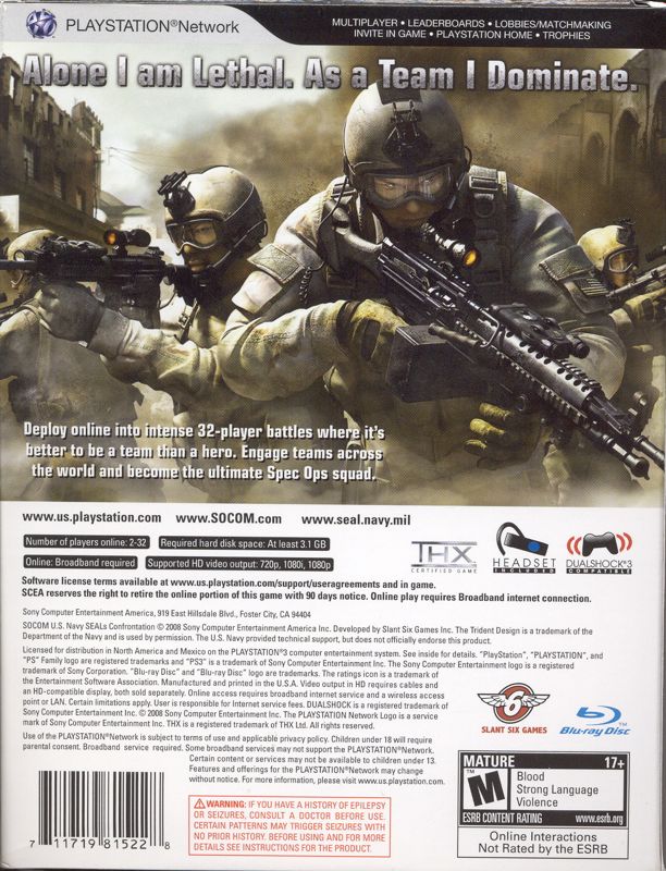 SOCOM: U.S. Navy SEALs - Confrontation | PlayStation 3 | back cover | region=North America | source-country=United States | zypher-v2 | moby-e91901c7e046 | Data by MobyGames.com