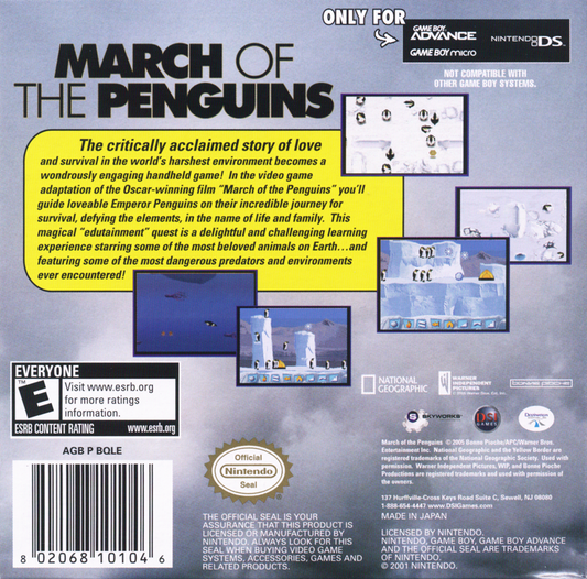 March of the Penguins | Game Boy Advance | back cover | region=North America | source-country=United States | zypher-v2 | moby-06c7ce6722d1 | Data by MobyGames.com