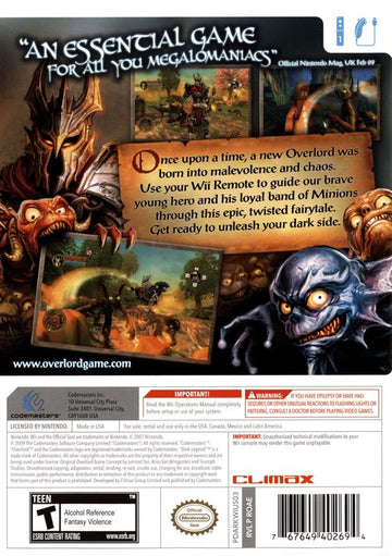 Overlord: Dark Legend | Wii | back cover | region=North America | source-country=Canada,Mexico,United States | zypher-v2 | moby-aa0c9b2ff292 | Data by MobyGames.com