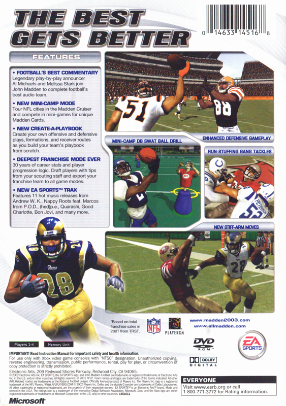 Madden NFL 2003 | Xbox | back cover | region=North America | source-country=Canada,United States | zypher-v2 | moby-eea1c3f311ee | Data by MobyGames.com