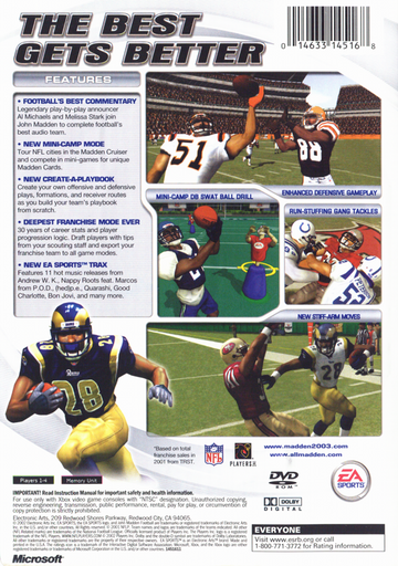 Madden NFL 2003 | Xbox | back cover | region=North America | source-country=Canada,United States | zypher-v2 | moby-eea1c3f311ee | Data by MobyGames.com