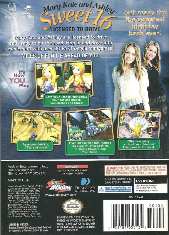 Mary-Kate and Ashley: Sweet 16 - Licensed to Drive | GameCube | back cover | Data by MobyGames.com