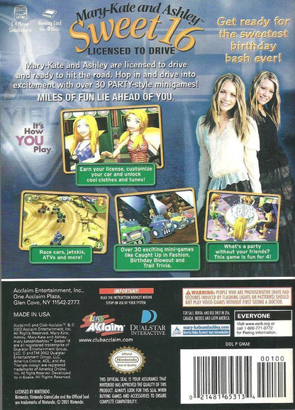 
Mary-Kate and Ashley: Sweet 16 - Licensed to Drive | GameCube | back cover | Data by MobyGames.com