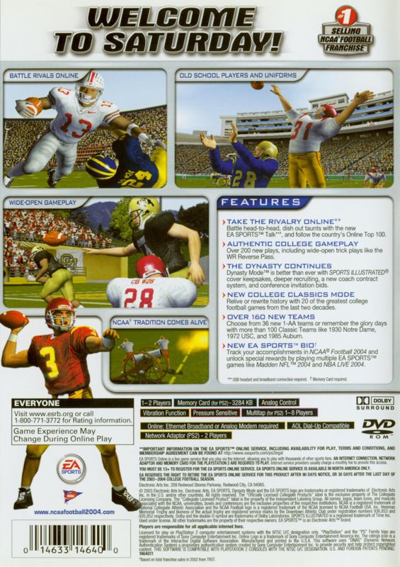 NCAA Football 2004 | PlayStation 2 | back cover | region=North America | source-country=Canada,United States | zypher-v2 | moby-976859c427a1 | Data by MobyGames.com
