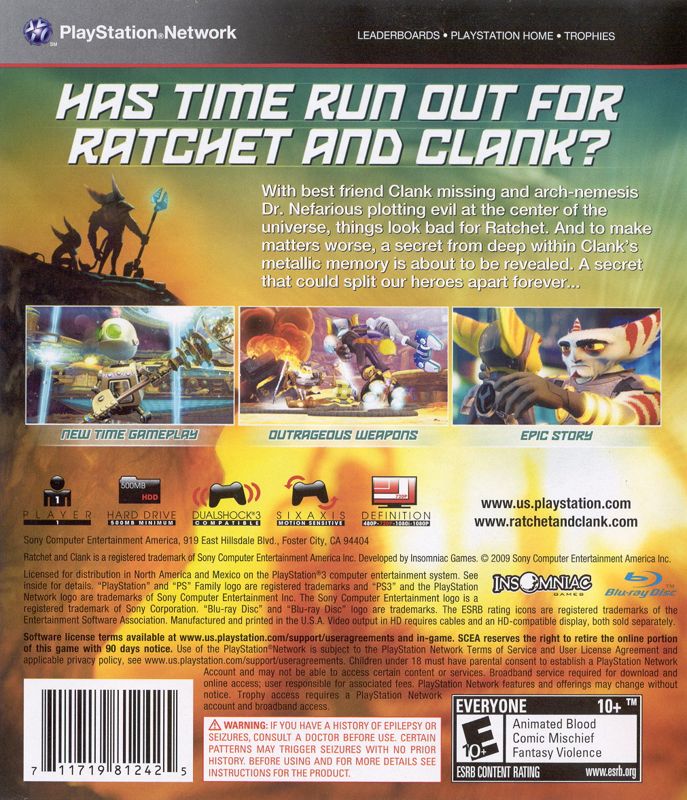 Ratchet & Clank Future: A Crack in Time | PlayStation 3 | back cover | region=North America | source-country=United States | zypher-v2 | moby-410f667caa86 | Data by MobyGames.com