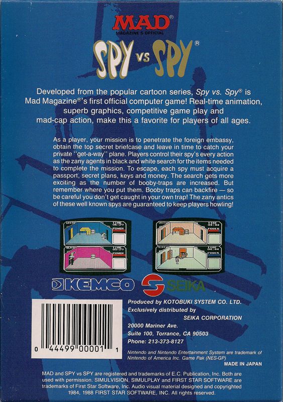 
Spy vs Spy | NES | back cover | Data by MobyGames.com