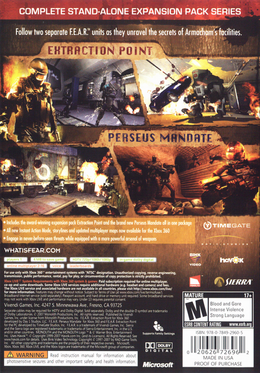F.E.A.R. Files | Xbox 360 | back cover | region=North America | source-country=United States | zypher-v2 | moby-16db98119622 | Data by MobyGames.com