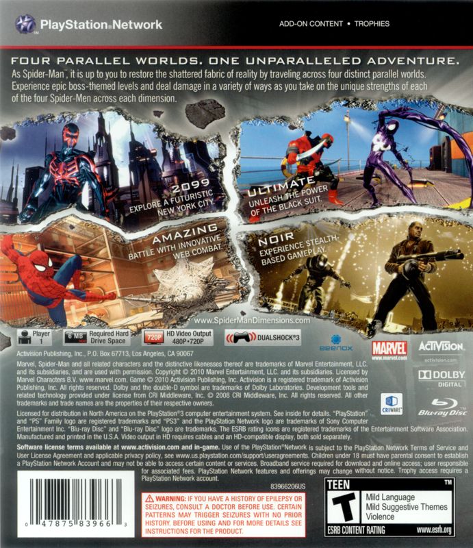 
Spider-Man: Shattered Dimensions | PlayStation 3 | back cover | Region: North America | source-country=United States | Data by MobyGames.com