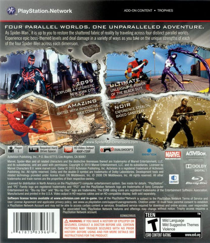 
Spider-Man: Shattered Dimensions | PlayStation 3 | back cover | Region: North America | source-country=United States | Data by MobyGames.com