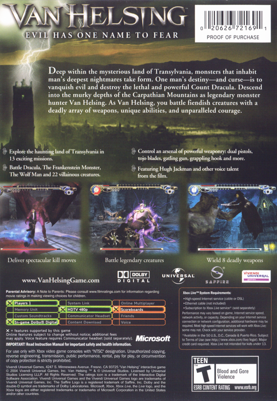 
Van Helsing | Xbox | back cover | Data by MobyGames.com