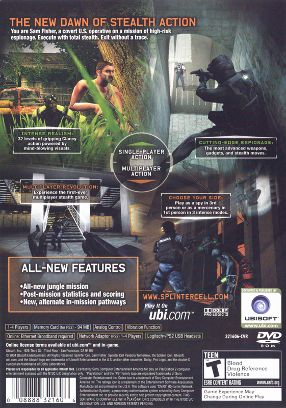 
Tom Clancy's Splinter Cell: Pandora Tomorrow | PlayStation 2 | back cover | Data by MobyGames.com