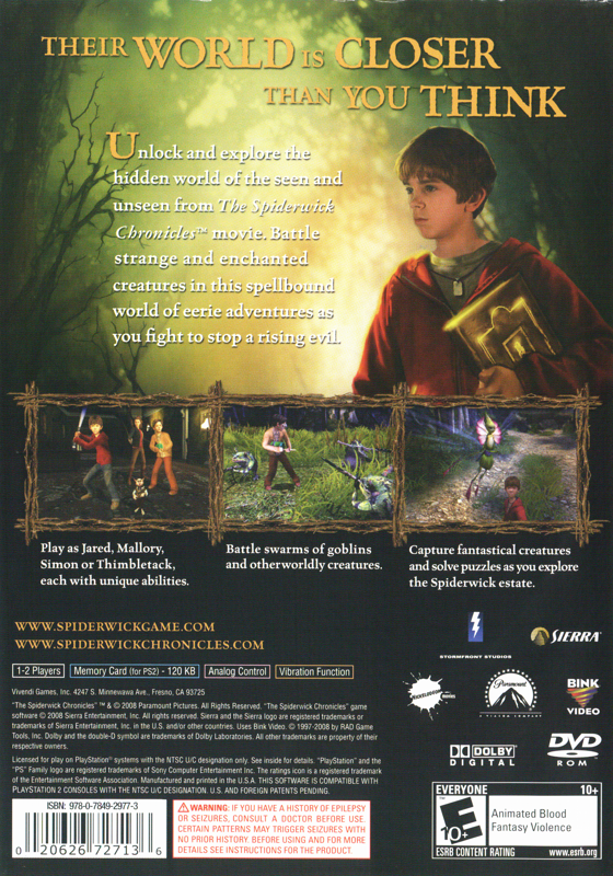 The Spiderwick Chronicles | PlayStation 2 | back cover | region=North America | source-country=United States | zypher-v2 | moby-d14154c452fa | Data by MobyGames.com