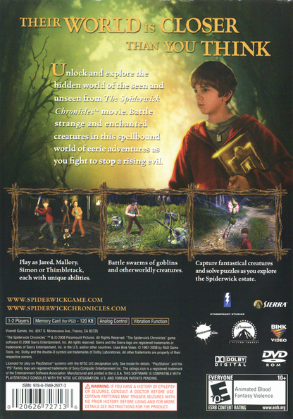 The Spiderwick Chronicles | PlayStation 2 | back cover | region=North America | source-country=United States | zypher-v2 | moby-d14154c452fa | Data by MobyGames.com