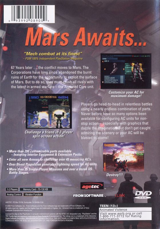
Armored Core 2 | PlayStation 2 | back cover | Region: North America | source-country=United States | Data by MobyGames.com
