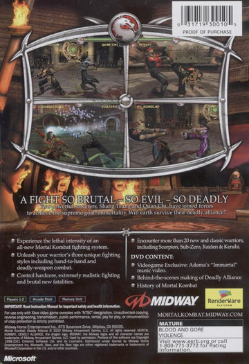 Mortal Kombat: Deadly Alliance | Xbox | back cover | region=North America | source-country=Canada,United States | zypher-v2 | moby-84720a8310c0 | Data by MobyGames.com