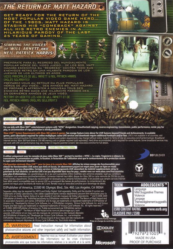 Eat Lead: The Return of Matt Hazard | Xbox 360 | back cover | region=North America | source-country=Canada,Mexico,United States | zypher-v2 | moby-760beed9d4ea | Data by MobyGames.com