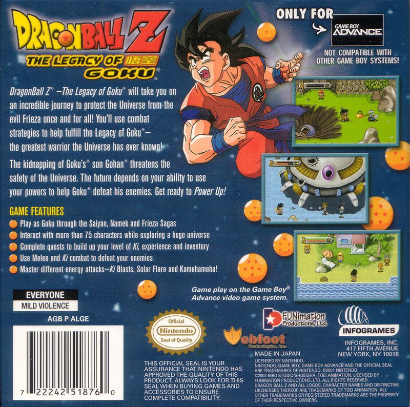 
Dragon Ball Z: The Legacy of Goku | Game Boy Advance | back cover | Data by MobyGames.com