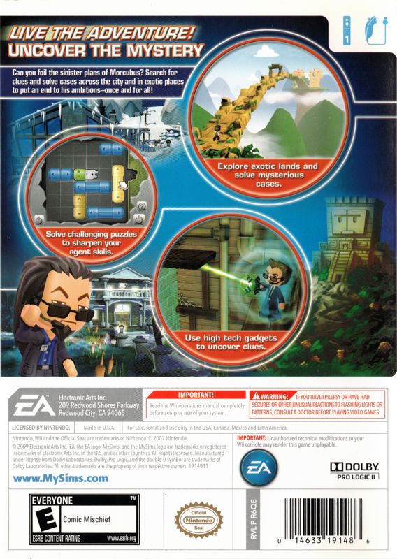 MySims: Agents | Wii | back cover | region=North America | source-country=United States | zypher-v2 | moby-c5621a8b91ac | Data by MobyGames.com