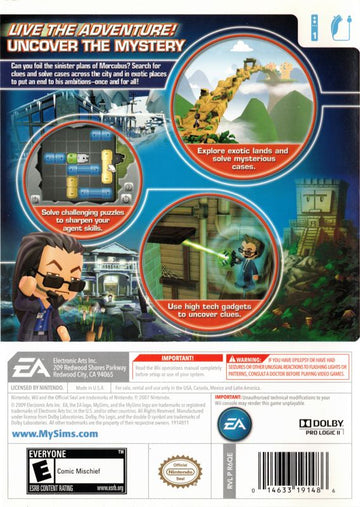 MySims: Agents | Wii | back cover | region=North America | source-country=United States | zypher-v2 | moby-c5621a8b91ac | Data by MobyGames.com