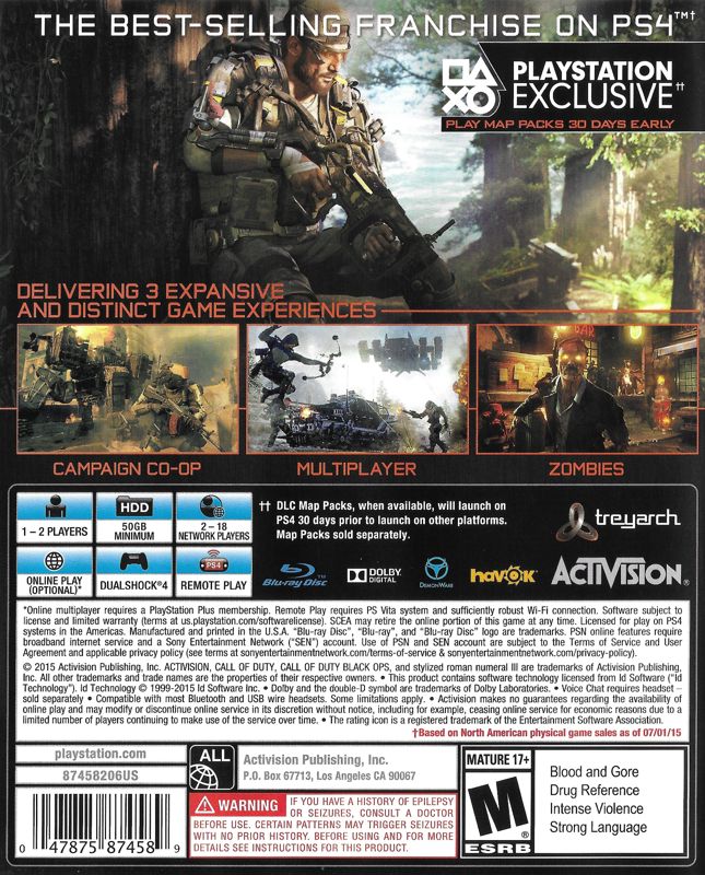Call of Duty: Black Ops III | PlayStation 4 | back cover | region=North America | source-country=United States | zypher-v2 | moby-f97ea008b77a | Data by MobyGames.com