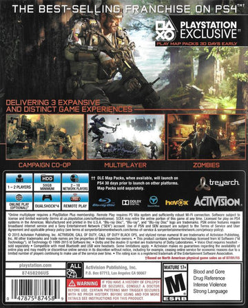 Call of Duty: Black Ops III | PlayStation 4 | back cover | region=North America | source-country=United States | zypher-v2 | moby-f97ea008b77a | Data by MobyGames.com