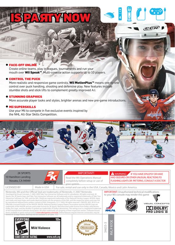 NHL 2K10 | Wii | back cover | region=North America | source-country=Canada,United States | zypher-v2 | moby-0d77edfe358d | Data by MobyGames.com