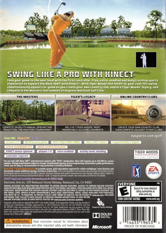 Tiger Woods PGA Tour 13 | Xbox 360 | back cover | region=North America | source-country=United States | zypher-v2 | moby-094b1ab94d49 | Data by MobyGames.com
