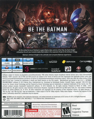 
Batman: Arkham Knight | PlayStation 4 | back cover | Region: North America | source-country=Canada,United States | Data by MobyGames.com