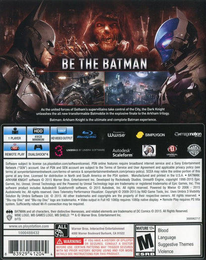 
Batman: Arkham Knight | PlayStation 4 | back cover | Region: North America | source-country=Canada,United States | Data by MobyGames.com
