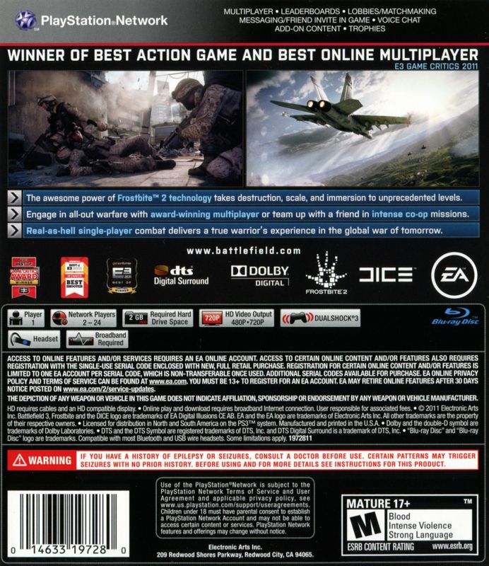 
Battlefield 3 | PlayStation 3 | back cover | Region: North America | source-country=United States | Data by MobyGames.com