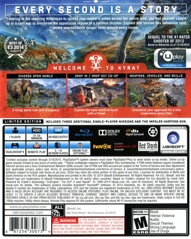 Far Cry 4 (Limited Edition) | PlayStation 4 | back cover | Region: North America | source-country=United States | Data by MobyGames.com