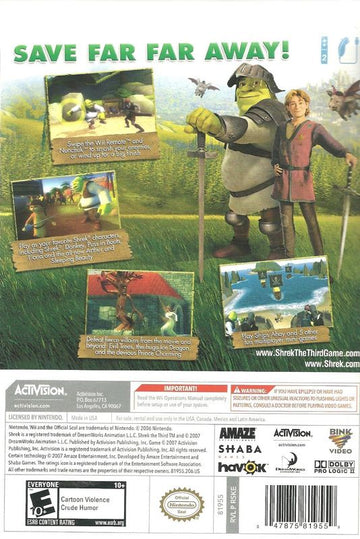 Shrek the Third | Wii | back cover | region=North America | source-country=Canada,Mexico,United States | zypher-v2 | moby-060e02a3a719 | Data by MobyGames.com