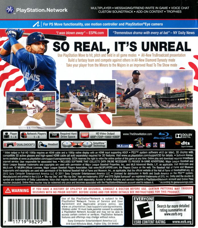 MLB 12: The Show | PlayStation 3 | back cover | Data by MobyGames.com