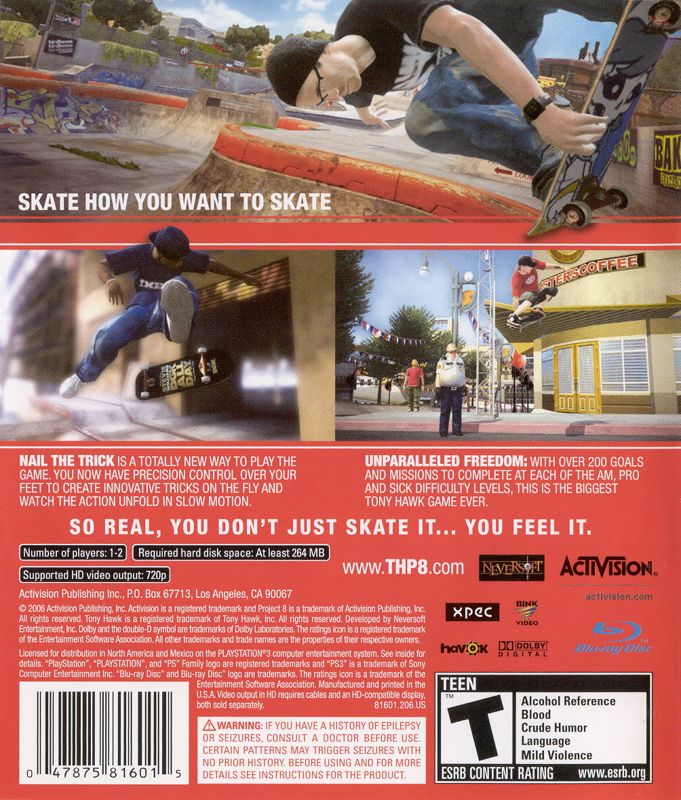 Tony Hawk's Project 8 | PlayStation 3 | back cover | region=North America | source-country=Canada,Mexico,United States | zypher-v2 | moby-887cf92905f7 | Data by MobyGames.com