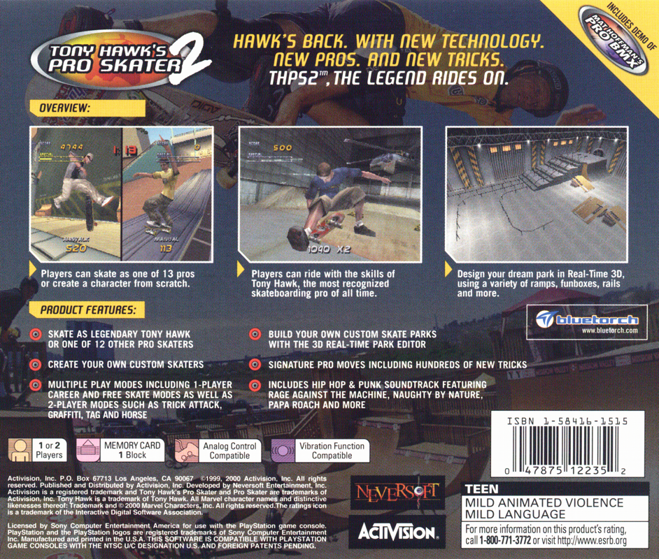 
Tony Hawk's Pro Skater 2 | PlayStation | back cover | Region: North America | source-country=United States | Data by MobyGames.com