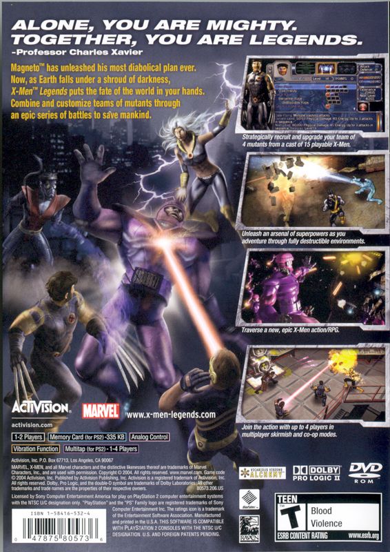 X-Men: Legends | PlayStation 2 | back cover | region=North America | source-country=United States | zypher-v2 | moby-c0cc3cabb6f8 | Data by MobyGames.com