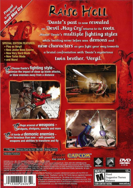 
Devil May Cry 3: Dante's Awakening - Special Edition | PlayStation 2 | back cover | Data by MobyGames.com